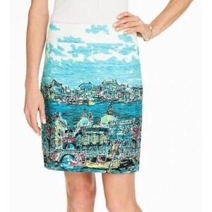 Talbots Venice Italy Scene Textured‎ Mini Skirt Size 8 Turquoise Art Lined Zip